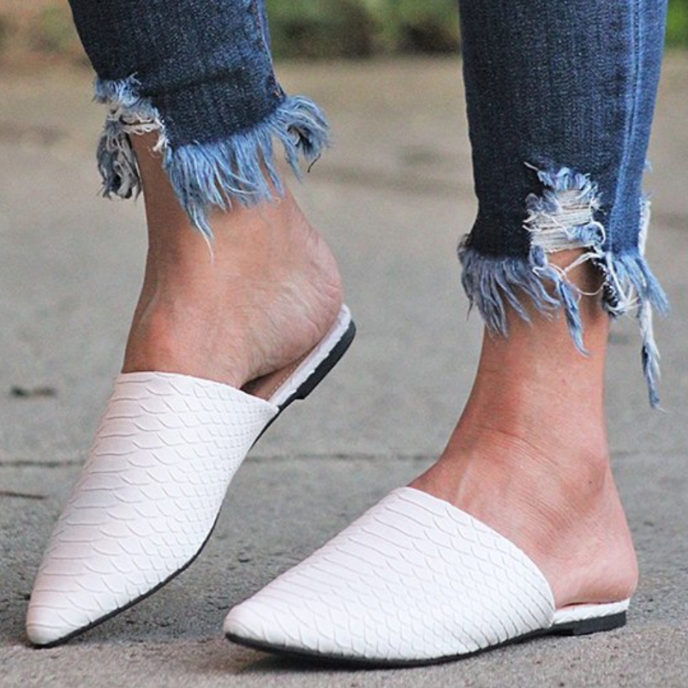 White Snake Textured Mule Sandals